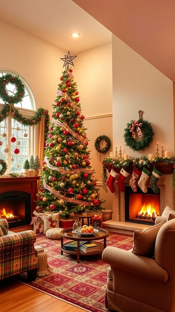 A cozy Christmas living room with a decorated tree, fireplace, and festive decorations.